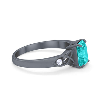 Wedding Ring Emerald Cut Black Tone, Simulated Paraiba Tourmaline CZ 925 Sterling Silver